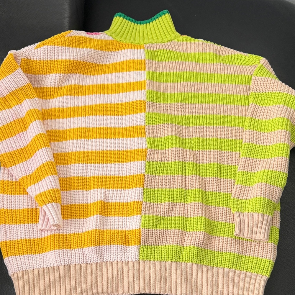 STAUD Neon Green, Yellow & Cream Striped Half-Zip Sweater - Picture 4 of 6